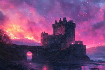 Fototapeta premium Majestic castle against a vibrant sunset over a tranquil lake in a mystical landscape