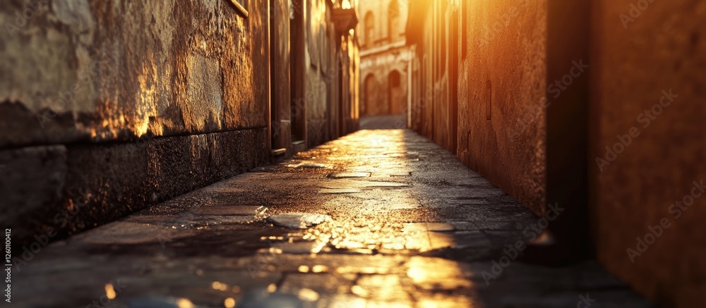 Poster Narrow cobblestone pathway illuminated by warm golden light at sunset, flanked by weathered walls, creating a tranquil atmosphere.