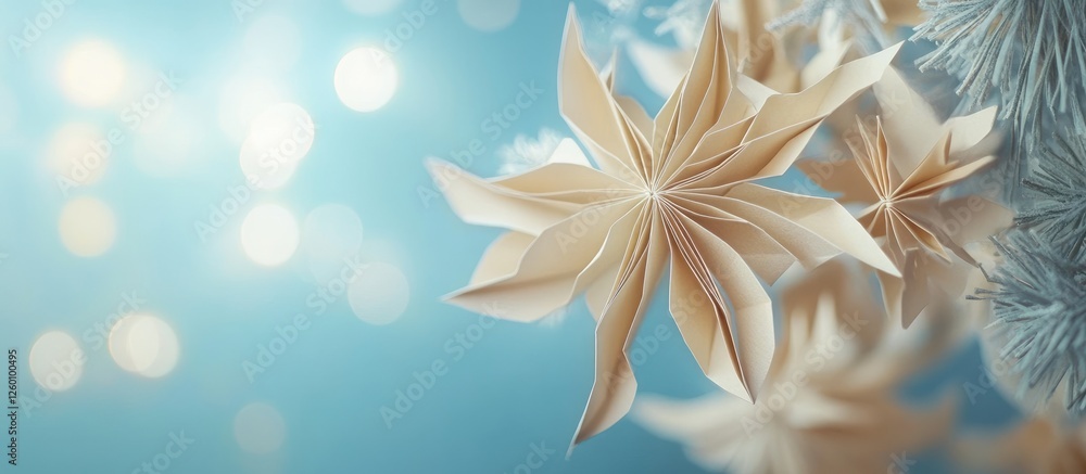 Poster Christmas paper decorations in soft pastel beige against a softly blurred blue background with bokeh effect creating a festive holiday atmosphere