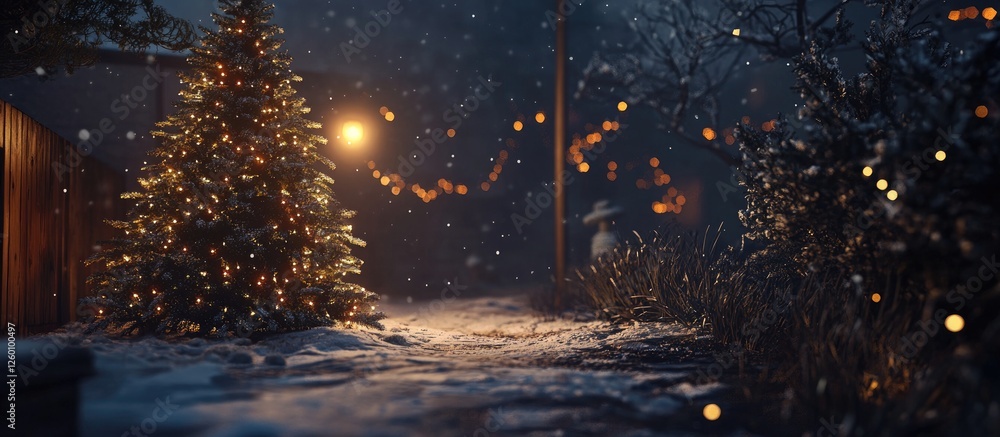 Aufkleber festive christmas tree adorned with warm golden lights on a snowy pathway illuminated by street lamp