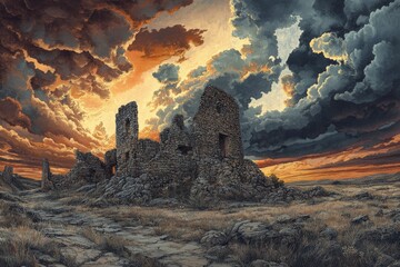 Fototapeta premium Ruins of an ancient stone structure under a dramatic sunset sky with vibrant clouds over a grassy landscape