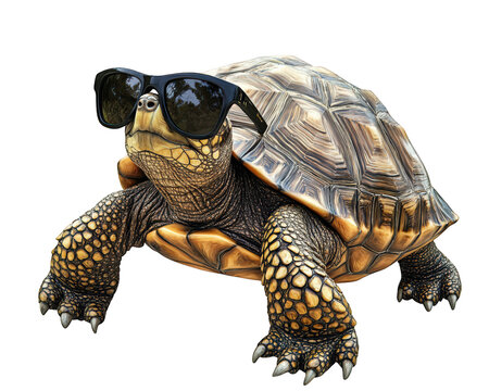 turtle wearing oversized sunglasses strikes silly pose, showcasing its unique personality. This amusing scene captures charm and whimsy of this delightful creature