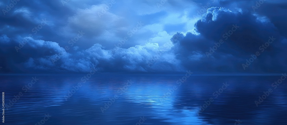 Poster twilight sky with blue hues and soft clouds reflecting on calm azure water surface creating a serene