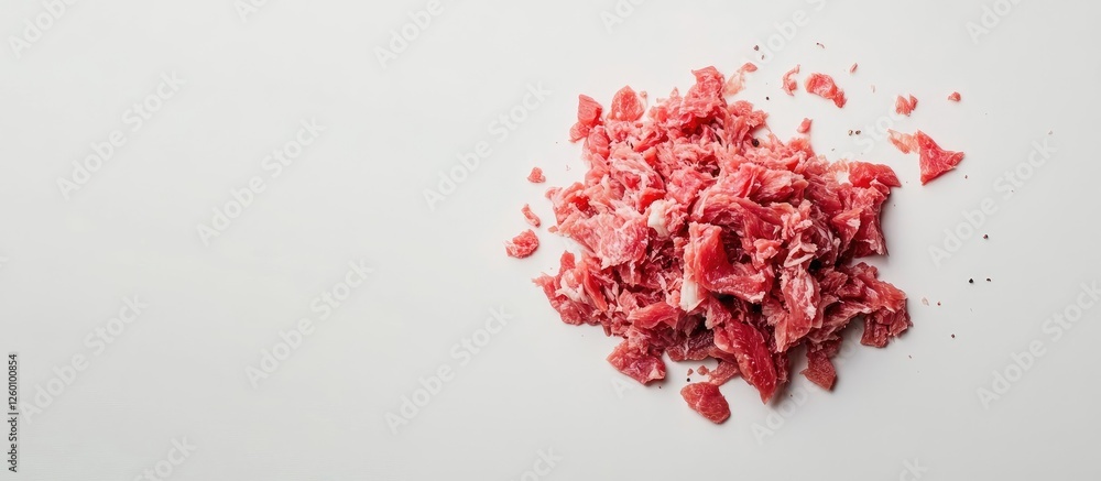 Poster chopped minced meat in vibrant reddish hues is artfully scattered on a clean white background highli