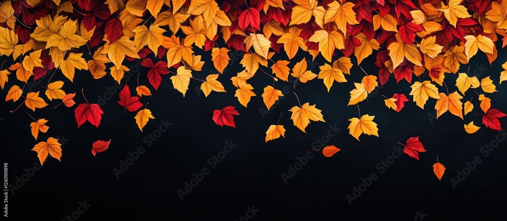 Poster autumn banner with vibrant yellow and red maple leaves cascading down against a dark background crea