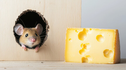 A curious mouse peeking out from a wooden hole next to a slice of cheese, symbolizing risk and reward