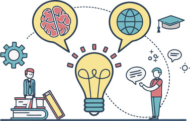 Vector illustration of idea, brainstorming, creativity, know how, education, knowledge, experiences exchange. Creative concept for web banner, social media banner, business presentation.