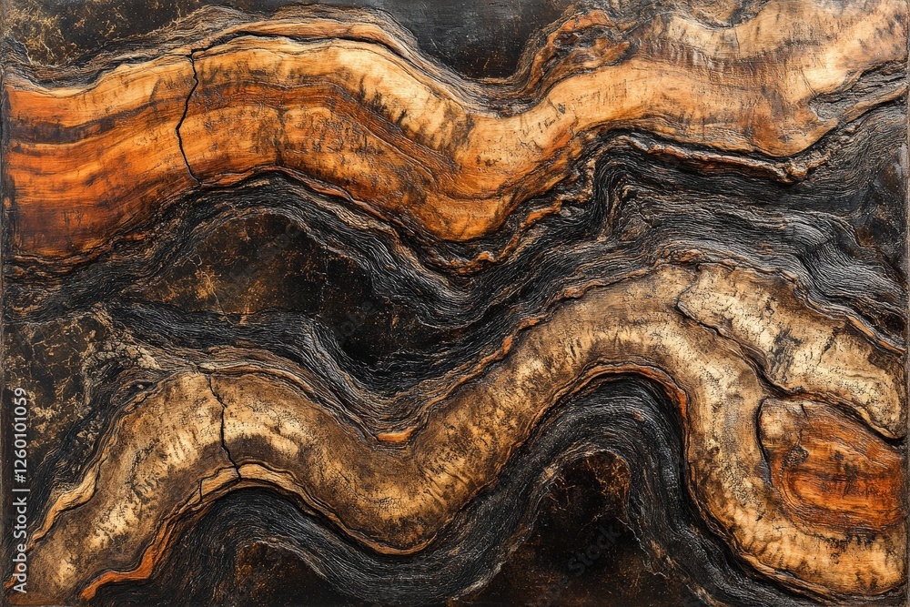 Poster Unique abstract wood art displaying intricate natural patterns and textures in a warm color palette