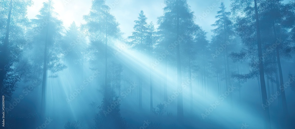 Aufkleber Blue light rays illuminate a misty forest scene with tall, dark trees in the foreground while ethereal fog creates a tranquil atmosphere.