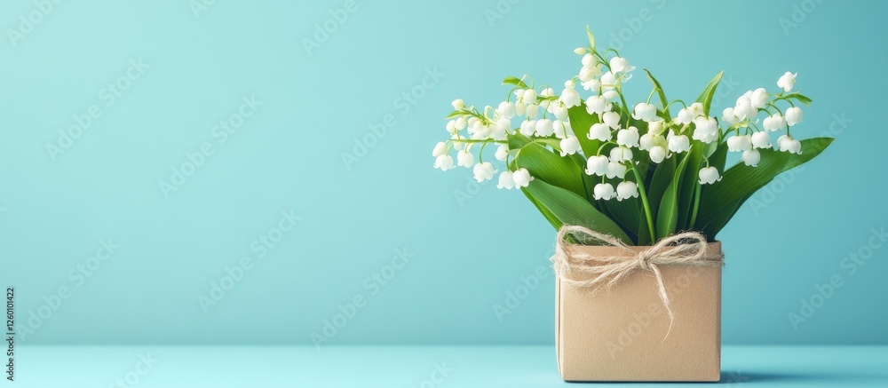 Aufkleber lily of the valley flowers in a kraft box on the right side of a light blue background with space fo