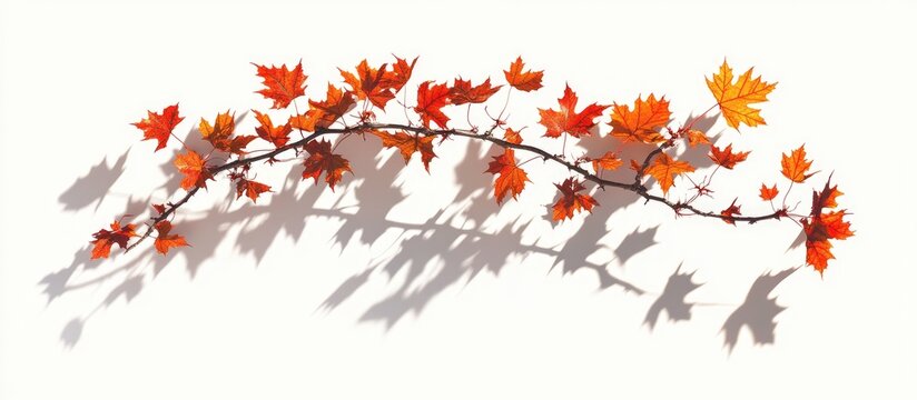 Colorful autumn maple branch with vibrant orange and red leaves casting intricate shadows on a light cream background, creating a serene composition.