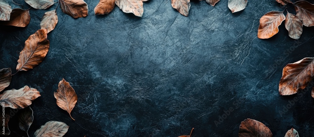 Poster frozen autumn leaves scattered on a dark textured background with a moody blue tone creating a beaut