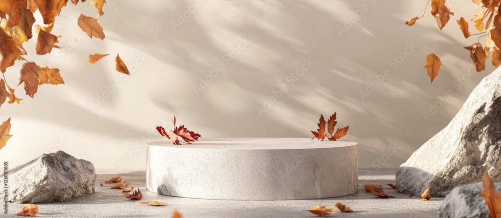 Aufkleber minimalistic podium display showcasing autumn leaves with natural stone elements and a soft beige ba