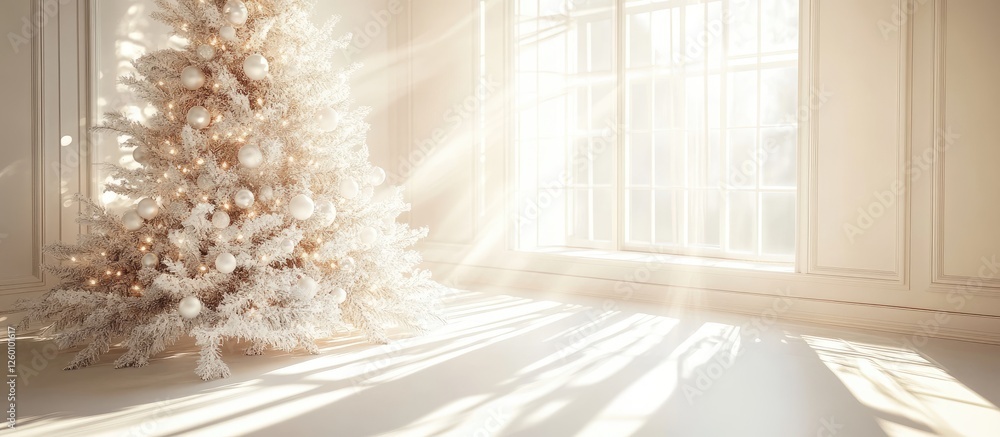 Poster Bright Studio Backdrop with White Christmas Tree and Soft Spotlight Illumination Creating a Festive Atmosphere with Warm White Tones and Shadows