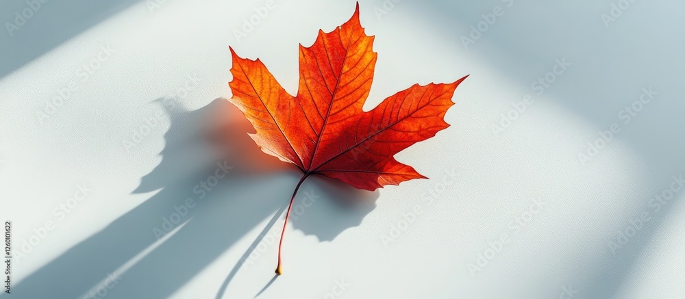 Poster bright red maple leaf positioned centrally on a white surface casting a long, soft shadow to the bot