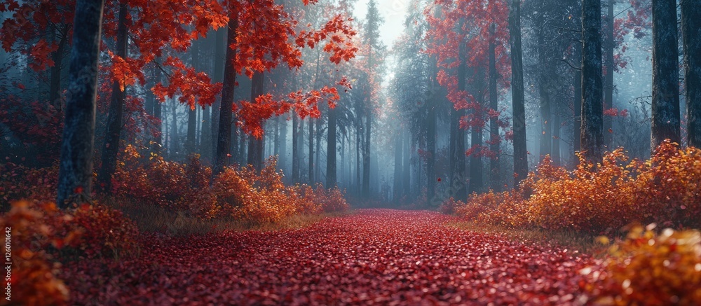 Leinwandbilder vibrant autumn forest pathway with deep red and yellow foliage surrounded by misty trees creating a 