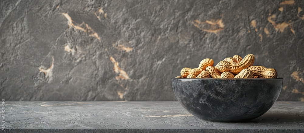 Poster bowl filled with roasted peanuts resting on a dark grey textured surface with natural stone patterns