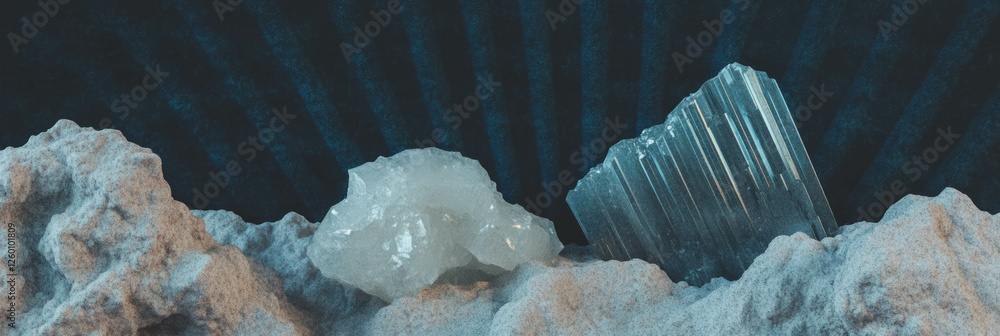 Poster ribbed wool and polished quartz with textured tin create a striking aesthetic composition