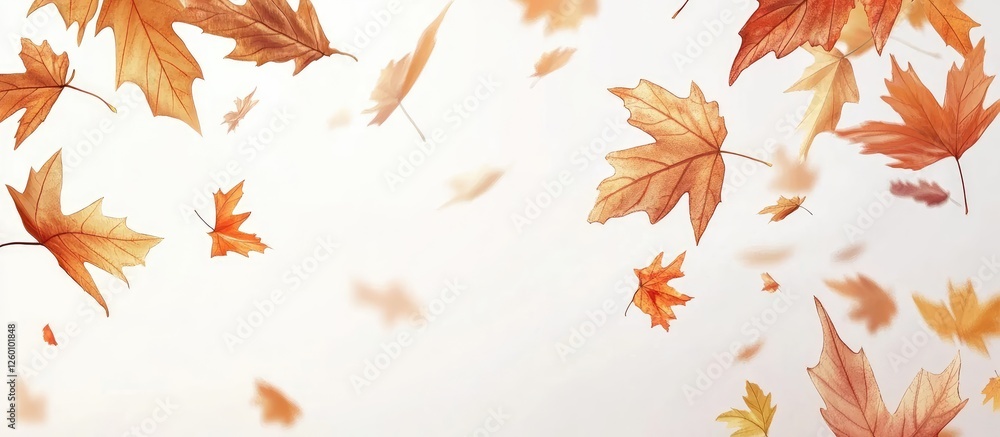 Poster autumnal banner featuring a cascade of vibrant orange and yellow maple leaves against a soft white b