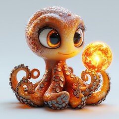 Cute Cartoon Octopus with Bright Ball of Energy on White Background