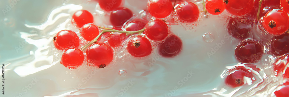 Aufkleber delicate ripples created by rice milk and red currant berries in a serene background