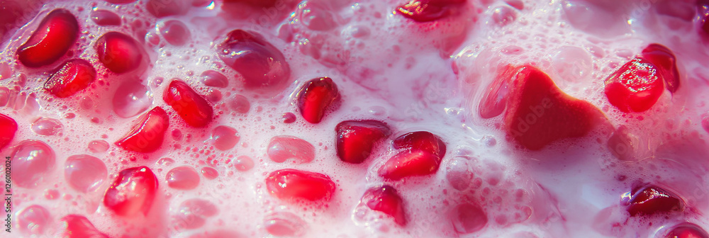 Poster rice milk and pomegranate seeds create chaotic ripples in a refreshing beverage