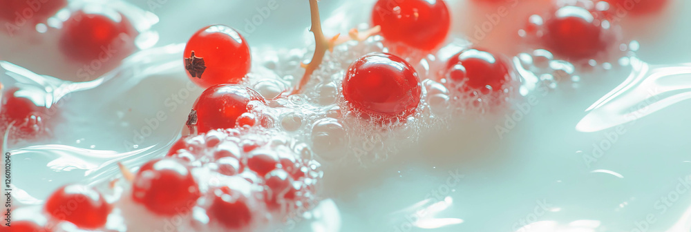 Poster rice milk and red currant berries creating ripples and textures for a serene background