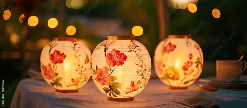 Aufkleber Floral paper lanterns with warm candlelight glow arranged on a table create a cozy ambiance surrounded by soft bokeh lights in a serene outdoor setting