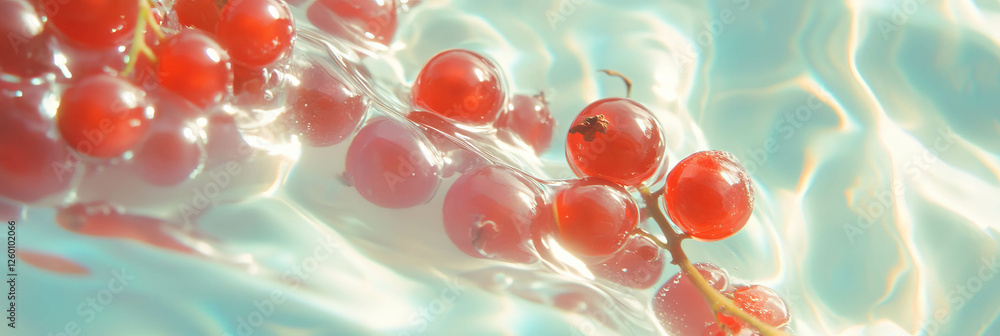 Poster unique rice milk with red currant berries creating beautiful ripples on the surface