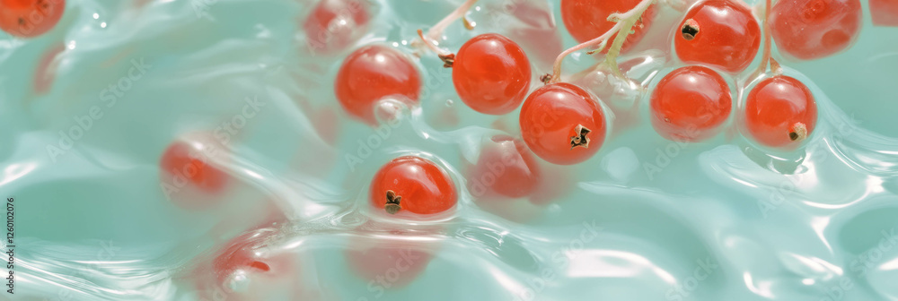 Poster delicate surface ripples of rice milk with vibrant red currant berries for a refreshing backdrop