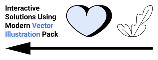 Large black arrow points left with light blue heart shape and leaf illustration, accompanied by bold typography. Ideal for branding, marketing, modern art, creativity, communication, education, flat