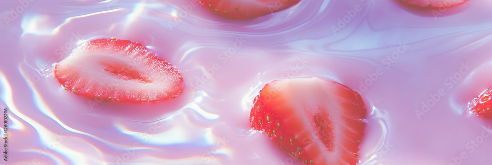 Poster ripples form around strawberry halves in rice milk creating a serene backdrop