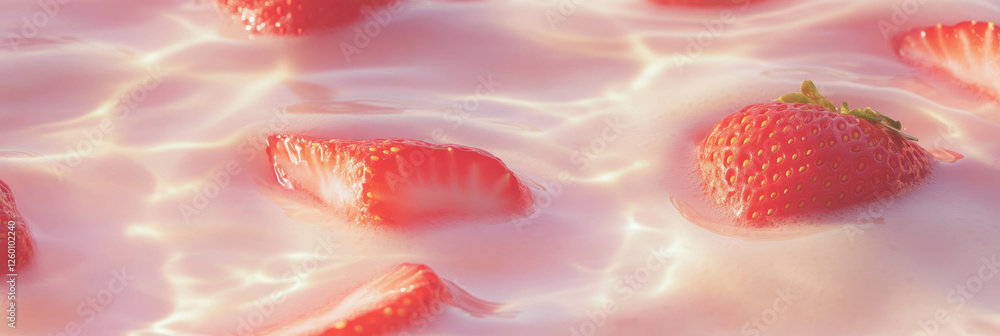 Poster rippling rice milk with strawberry halves creating a tranquil background