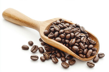Obraz premium A wooden scoop filled with fresh roasted coffee beans on a white background. isolated on white background.
