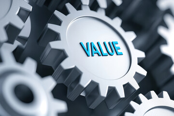 Close-up of gears with the word VALUE highlighted, symbolizing productivity and efficiency.