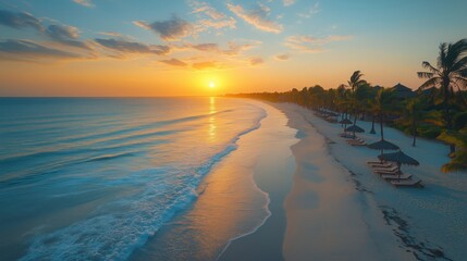 Golden hour sunlight bathing palm trees and beach chairs on a tropical beach, with gentle waves lapping at the shore, creates a serene and picturesque scene of relaxation