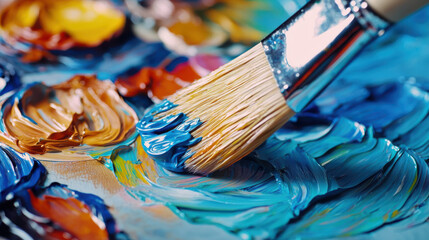 Fototapeta premium Close-up of a paintbrush blending vibrant colors on a canvas, showcasing artistic creativity.