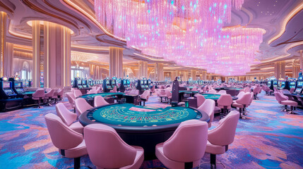 High Roller Concept: Opulent Gaming Hall with Sparkling Chandelier and Table Games