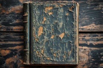 Old and worn book resting on a rustic wooden table showcasing its distressed cover and aged texture