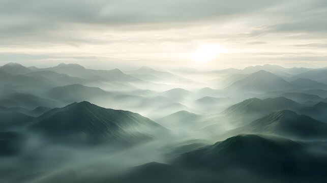 Aerial view of a misty mountain valley at sunrise, soft light cascading over rolling hills, muted green tones, serene and expansive