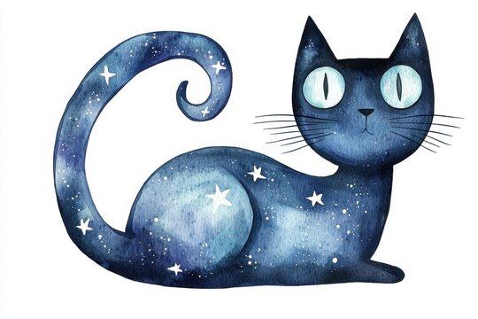 Watercolor black cat in space fantasy scene artistic illustration whimsical environment vibrant viewpoint creative concept, isolated on white background