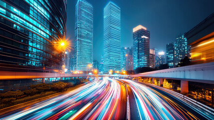 Obraz premium Vibrant cityscape at night with light trails and modern skyscrapers.