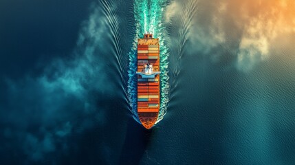 Aerial View of Container Ship Sailing Through Vibrant Blue Waters