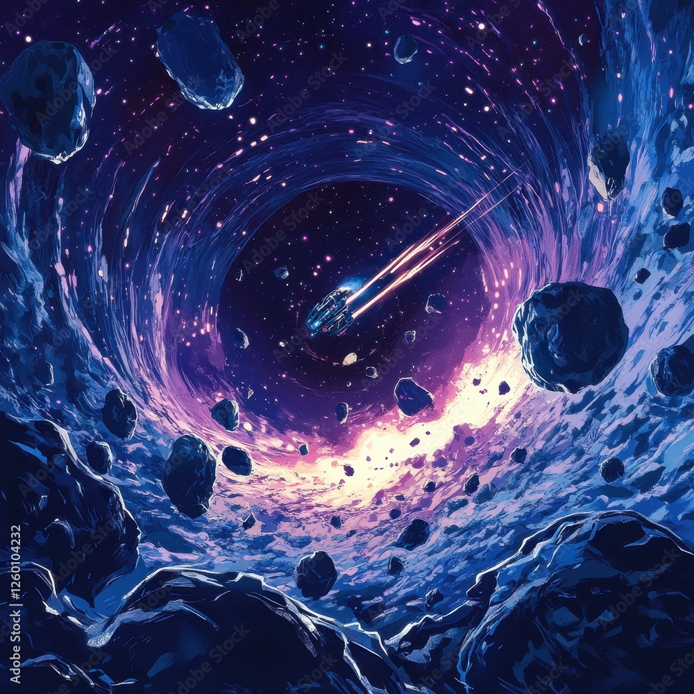 Poster spaceship navigates through an asteroid field within a cosmic wormhole