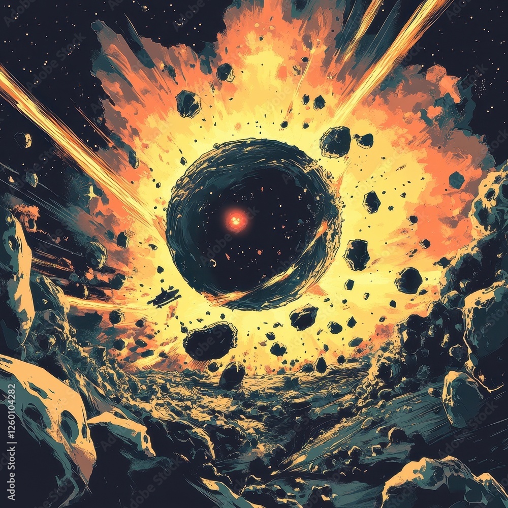 Poster cosmic object surrounded by asteroids and an exploding stellar event