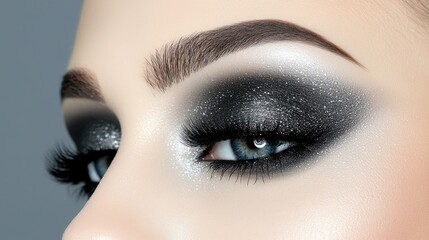Naklejka premium Smoky eye makeup, close-up, grey background, beauty tutorial