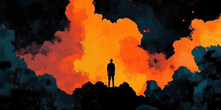 Silhouette of a person standing against a backdrop of fiery clouds