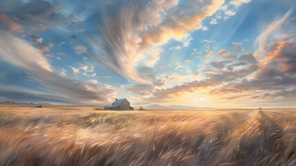 Obraz premium A golden wheat field swaying gently in the breeze under a vivid blue sky, with a rustic barn in the distance and the warm glow of sunlight enhancing the scene