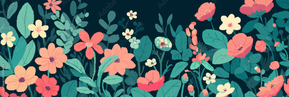 Poster brightly colored pixel art flowers in stylized shapes creating a vibrant background design