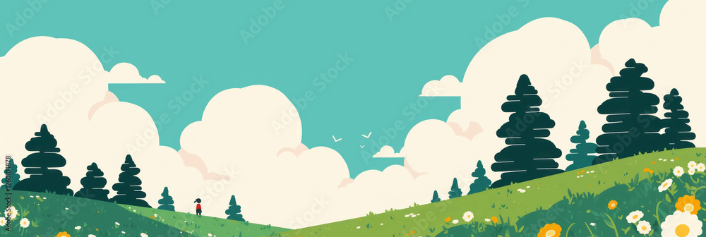 Poster stylized landscape featuring rolling hills and whimsical trees in a serene background